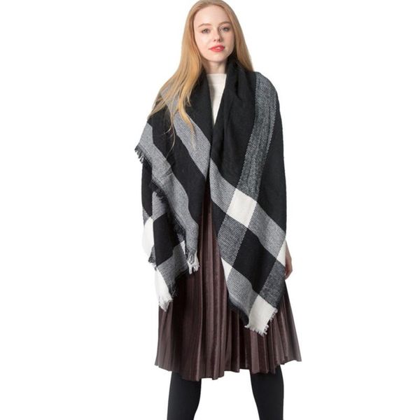 

scarves plaid tassel long knit for women warm winter scarf casual colorful double sided lattice scarfs knitting wraps 140x140cm, Blue;gray