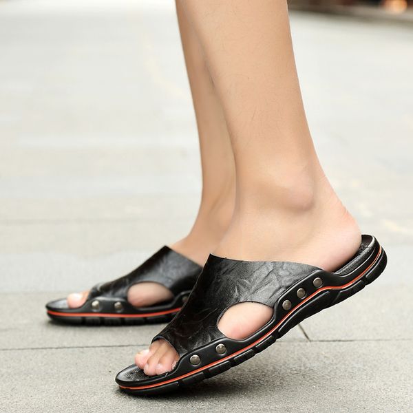 

sandals men genuine leather slippers summer brand soft comfortable beach slippers men casual cross outdoor slides, Black