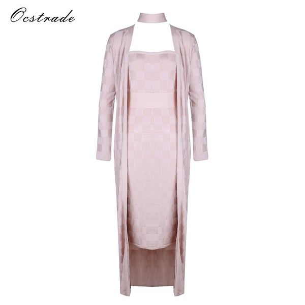 

women's suits & blazers ocstrade 2021 autumn winter arrival checkered jacquard nude long sleeve womens two piece bandage set dress with, White;black