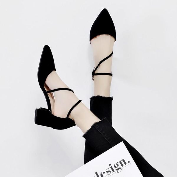 

summer women sandals thick med heels flock suede pointed toe office ladies comfortable shoes rome plus size 34-43, Black