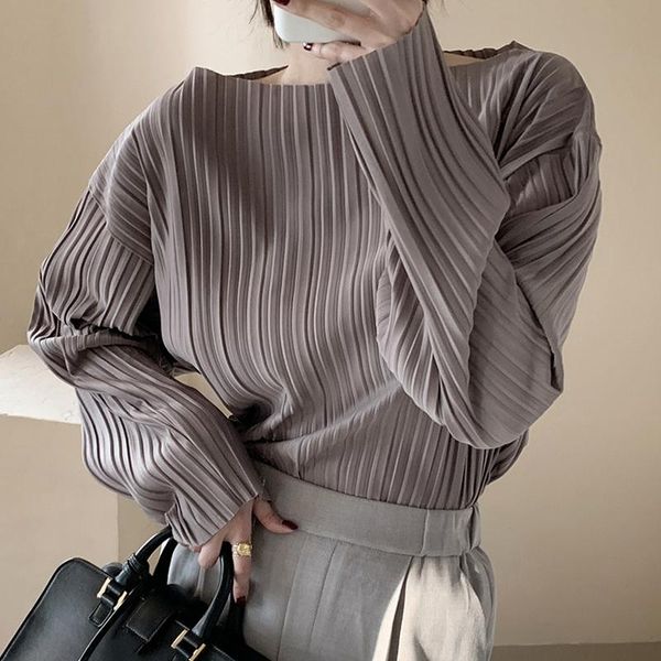 

women's blouses & shirts autumn vintage loose simple o neck grey pleated blouse women all-match long sleeve blusas mujer de moda wild, White