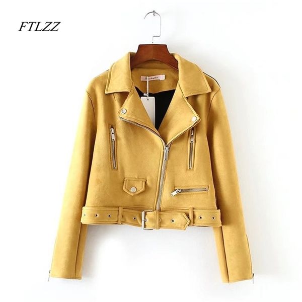 

autumn women suede leather jacket slim short design faux yellow punk outwear coat 210430, Black