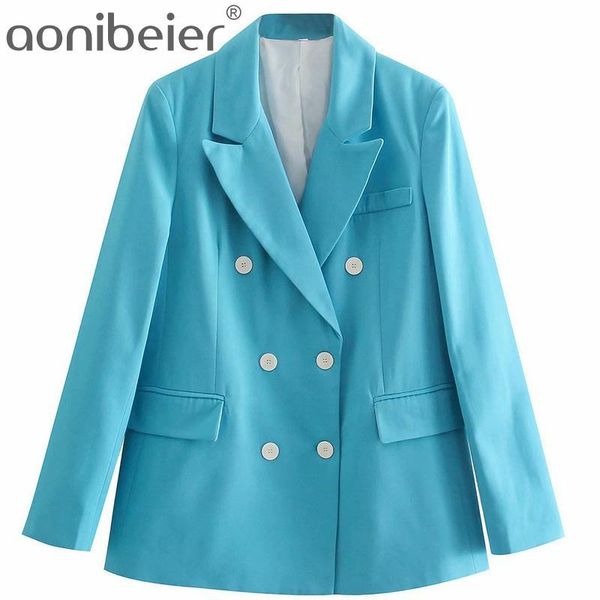 

women's suits & blazers aonibeier 2021 summer autumn double breasted office lady suit jacket sky blue pad shoulder long sleeve women ca, White;black