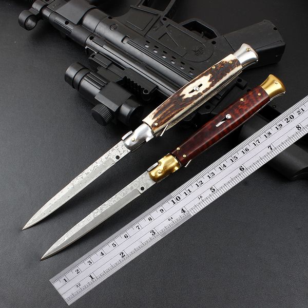 AKC 11 inches Automatic knife Serpentine Wood/Antlers handle Damascus steel wholesale outdoor Knives Tools climbing knife Mafiosi field survival hunting