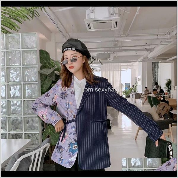 

suits & blazers clothing apparel drop delivery 2021 spring loose womens irregular stripes stitching flowers printing chic lace-up blazer plu, White;black