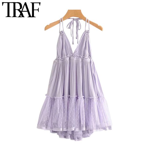 

traf women chic fashion patchwork mesh pleated mini dress vintage backless tied straps summer beach female dresses 210415, Black;gray