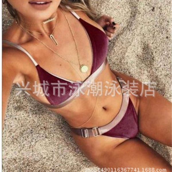 

women's swimwear bikinis color matching split swimsuit velvet bikini sguz, White;black