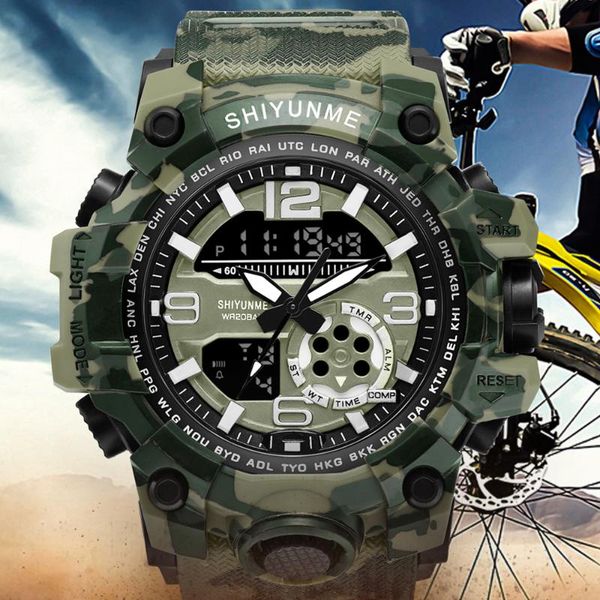

wristwatches shiyunme digital watch men camouflage strap military watches alarm sports quartz clock male relogio masculino, Slivery;brown