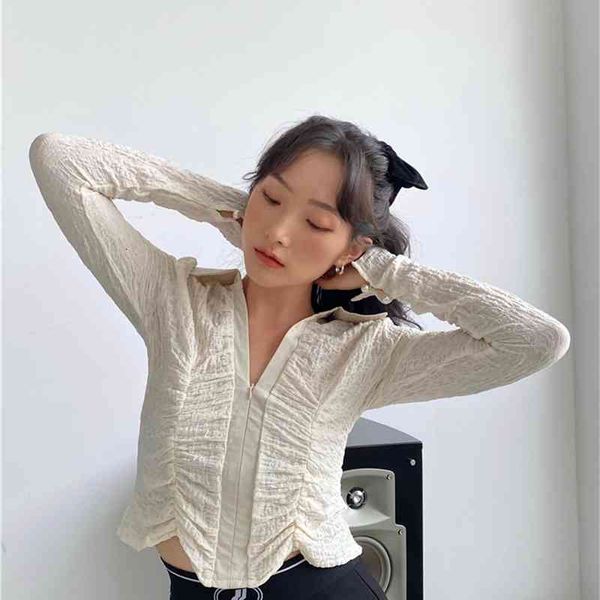 

women's knits & tees autumn ruched long sleeve blouse tunic crop women shirt fashion crochet designer clothes xdr2, White