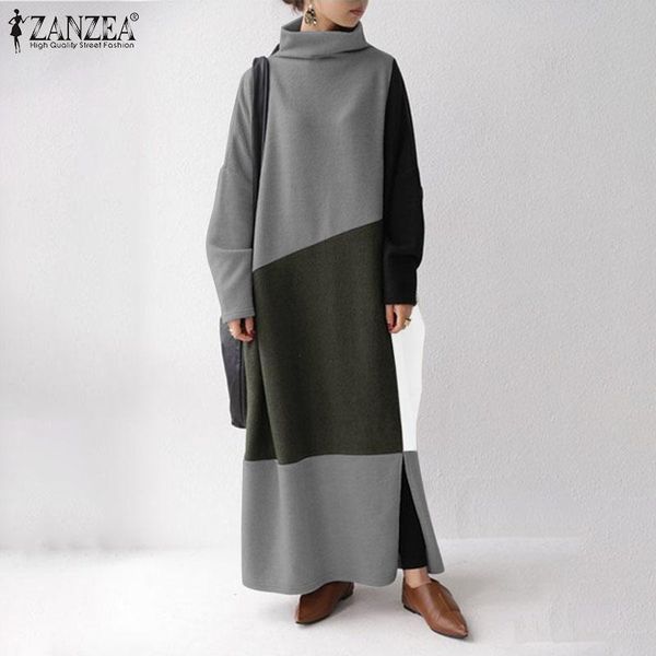 

casual dresses women's patchwork vestidos 2021 zanzea fashion turtleneck hoodies dress long sleeve split maxi pullovers plus size robe, Black;gray
