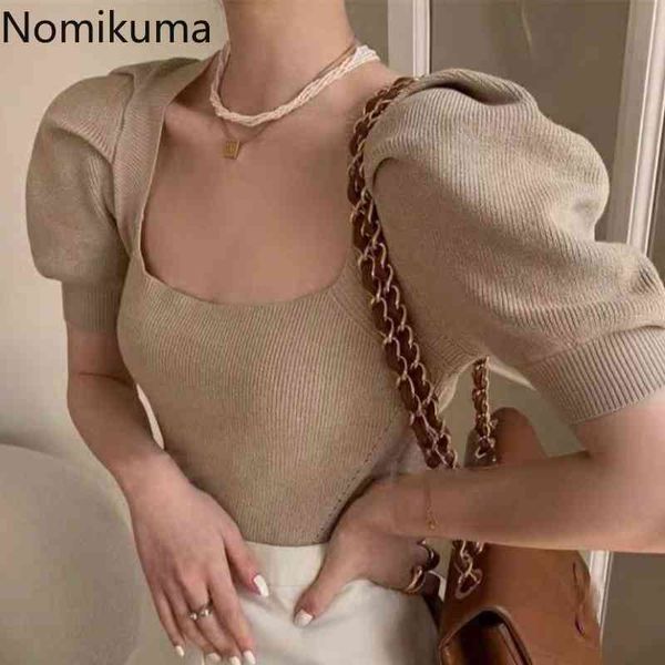 

nomikuma vintage square collar puff sleeve knitted pullovers bow tie back hollow-out knitwear summer thin jumper 6h263 210427, White;black