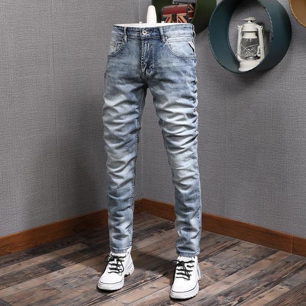 

men's jeans korean style fashion men retro light blue elastic slim fit ripped vintage designer casual denim pencil pants