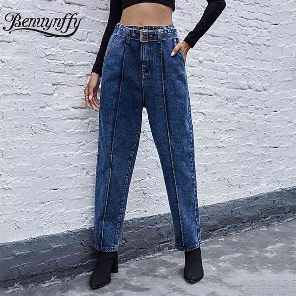 

autumn winter vintage pocket high waist jeans woman casual fashion straight denim pants women cotton belted mom 210510, Blue