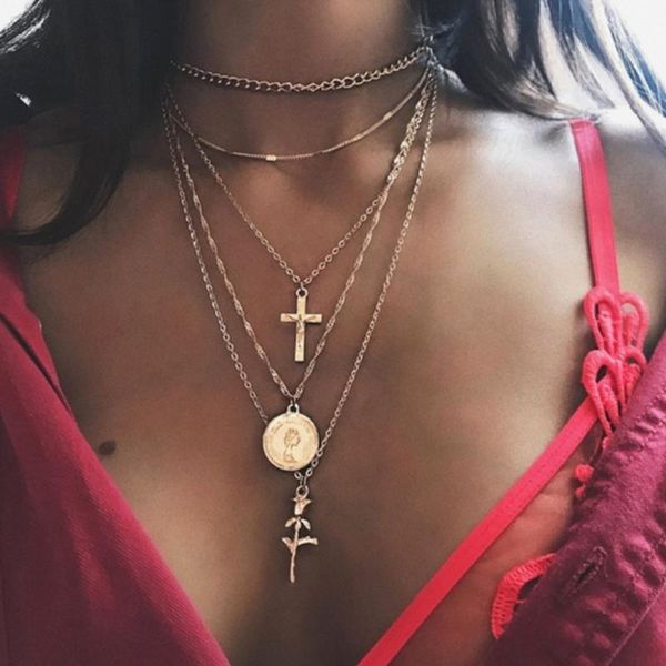 

laramoi vintage cross and rose flower pendant necklace for women creative western style multilayer alloy chokers chain 2021 necklaces, Silver