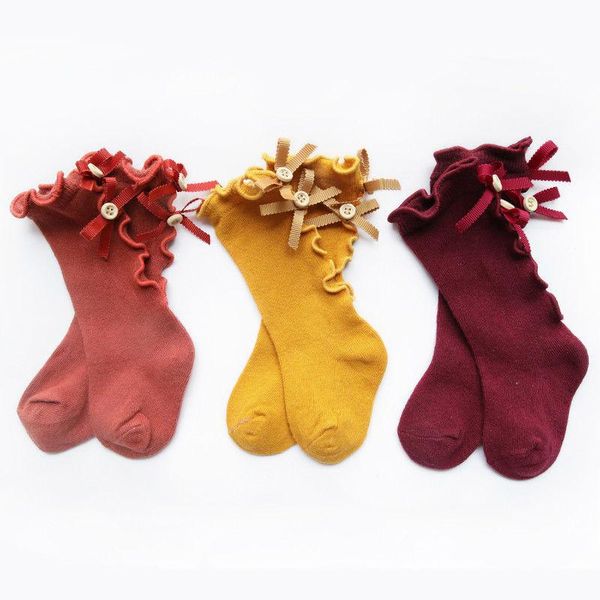 

warm born cute socks toddler knee high soft cottons ocks baby girls with bow princess little kids anti slip 1-3y, Pink;yellow