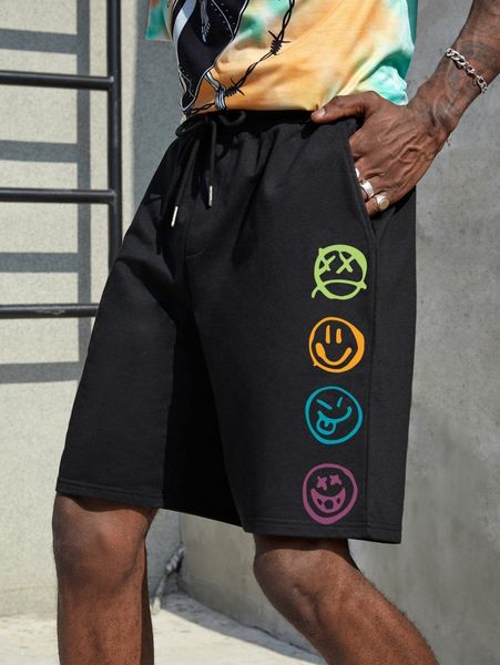 

men expression print drawstring waist shorts g9dl#, Black