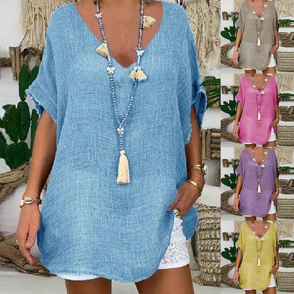 

ladies cotton shirts solid blouse women short sleeve v neck casual loose female blusa summer elegant pullover women's blouses &, White