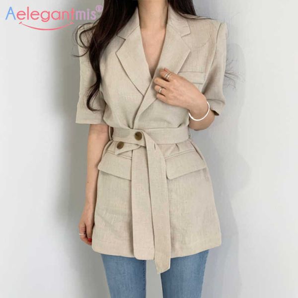 

aelegantmis elegant casual blazers women slim short sleeve blazer jacket with belt office lady work suit coat ladies outerwear 210607, White