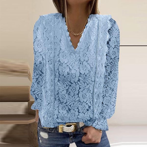 

women's blouses & shirts women solid long flared sleeve v neck lace blouse elegant office lady 2022 spring autumn pullover streetwear, White