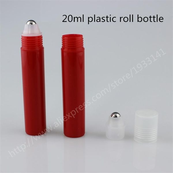 

10pcs 20ml red plastic roll on bottle with stell or roller 20cc roll-on perfume oil container storage bottles & jars