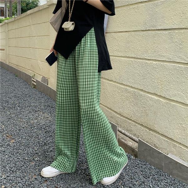 

summer high elastic waist women pants straight trousers green casual loose wide leg plaid n0145, Black;white