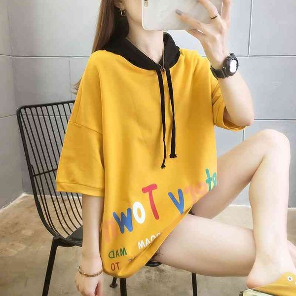 

summer loose medium length hooded cotton half sleeve sweater for women, Black