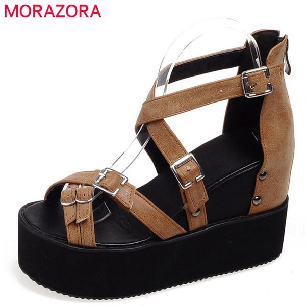 

est gladiator sandals women shoes buckle punk wedges platform summer casual woman big size 43, Black