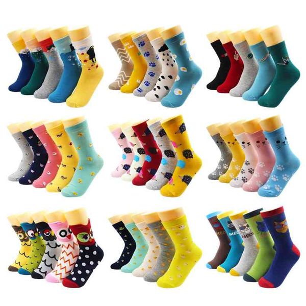 5/10 Paar Harajuku Hip-Hop Tierdruck Baumwolle Damen Socken Mode Koreanische Kawaii Niedliche Cartoon Katze Hund Ente Mädchen Socken 210720