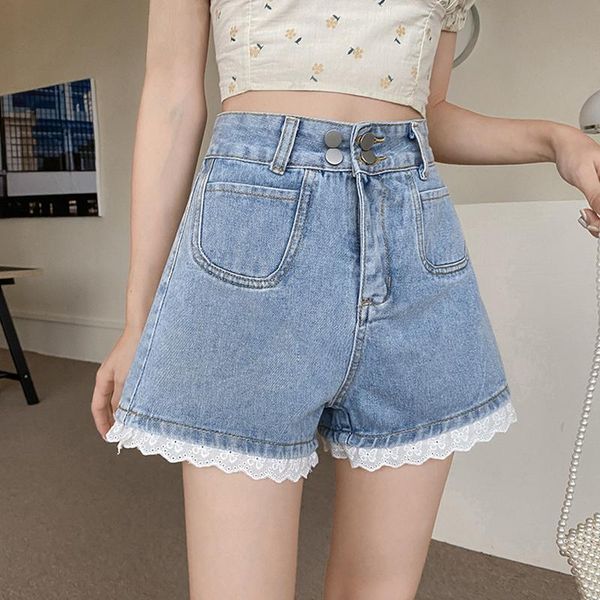 

women's shorts ailegogo high waist women a-line wide leg lace patckwork denim spring summer female loose streetwear ladies jeans, White;black