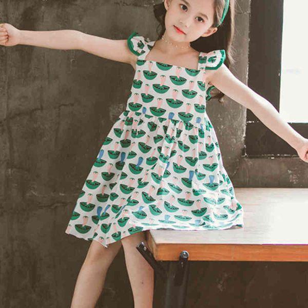

girls dresses summer kids clothes flying sleeves printing halter bowknot fashion party children's dress 210515, Red;yellow