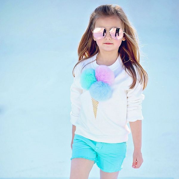 

kids girls clothing set ice cream cone pompom shirt cartoon plush blue denim shorts long sleeve t-shirt short jeans 210413, White