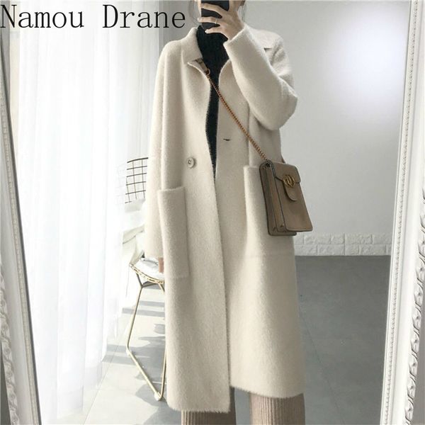 

ladies thick turn-down collar double button long cardigans sweater autumn winter casual loose warm knitted open stitch 210429, White;black