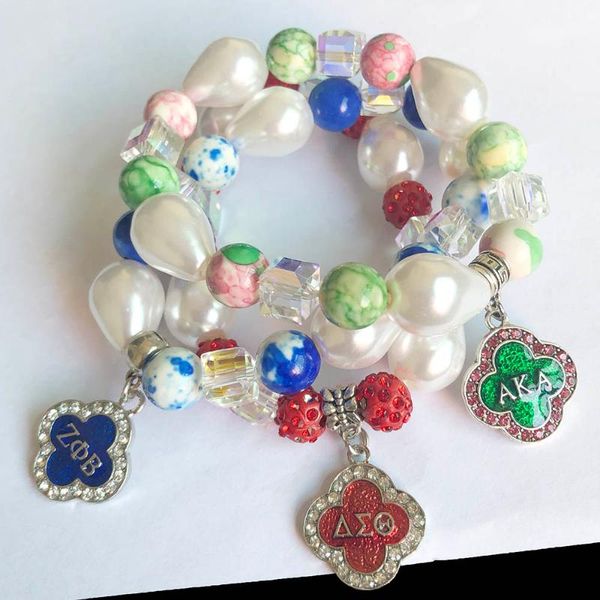 

beaded, strands 3 style handmade greek sorority square transparent ab color baroque pearl disco bal lucky clover charm bracelet jewelry, Black