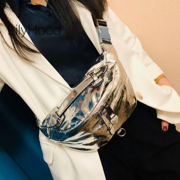

female vegan leather waist bag women fashion artificial metallic silver belt crossbody chest fanny pack bags