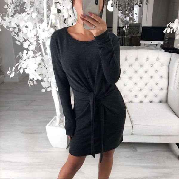 Нерегулярное Bandage BodyCon Платье Тонкий туника Wrap Wips Mini Vestidos Серый Черный Винр Красные Осенние Платья Высокая Талия С Длинным Рукавом 210507