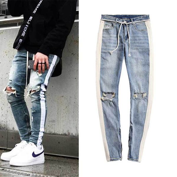 

denim men's wear with hole cut bar zipper leg slim fit small jeans long pants, Blue