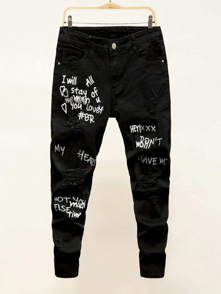 

men slogan graphic ripped skinny jeans i44u#, Blue