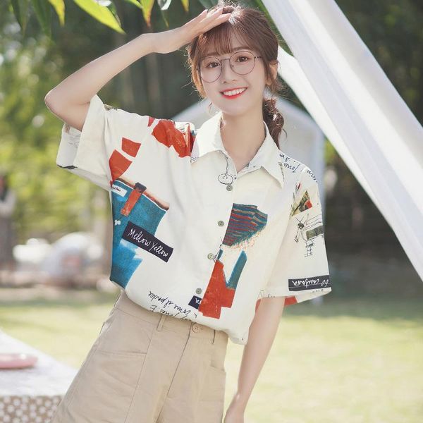 

women's blouses & shirts 2021 korean style women short sleeve vintage print womens clothing summer white mujer chaqueta wpy2735