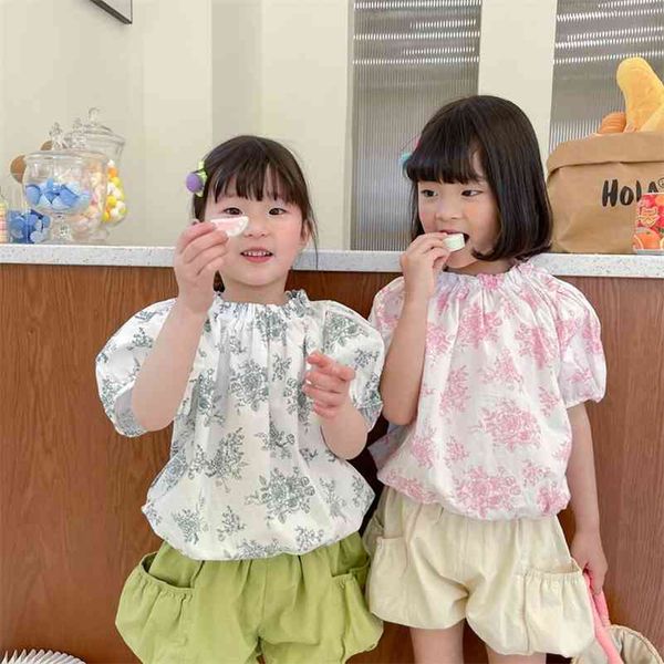 

girls summer floral puff sleeve blouses baby girl cotton cute loose clothing 210708, White;black