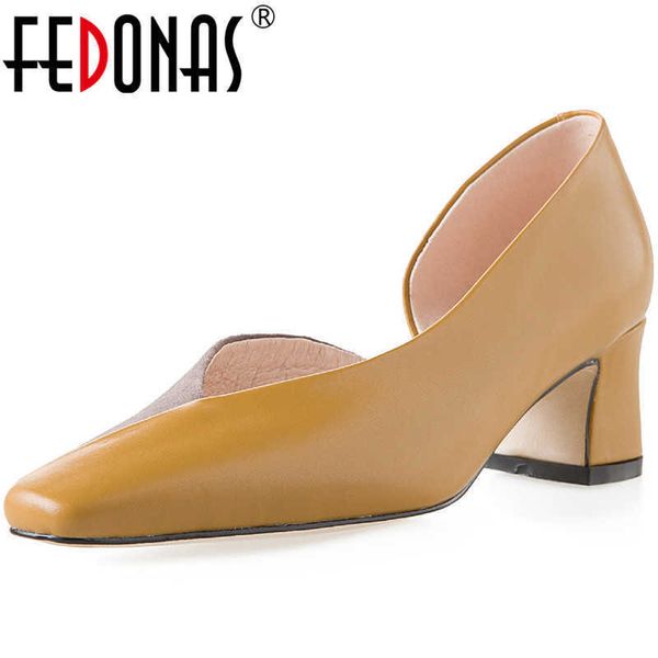 

genuine leather mixed colors women's shoes square toe thick heels pumps summer concise shallow office lady woman 210528, Black
