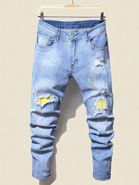 

men splash ink print ripped patched jeans m2rq#, Blue