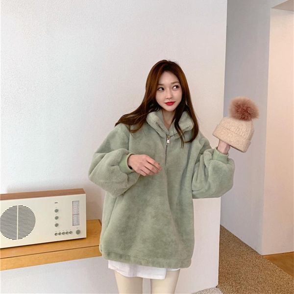 

women's fur & faux women fluffy teddy bear coat ladies fashion stand collar female long sleeve fuzzy jacket zip-up sweatshirt n228, Black