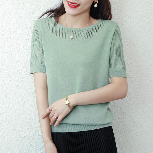 

women's t-shirt attyyws 100% cotton short-sleeved knitted round neck pullover loose short cut-out 2021 summer thin, White