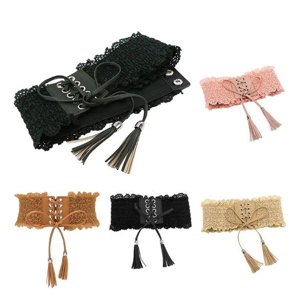 

belts womens lace leather wide waist belt cincher elastic band waspie corset stretch, Black;brown