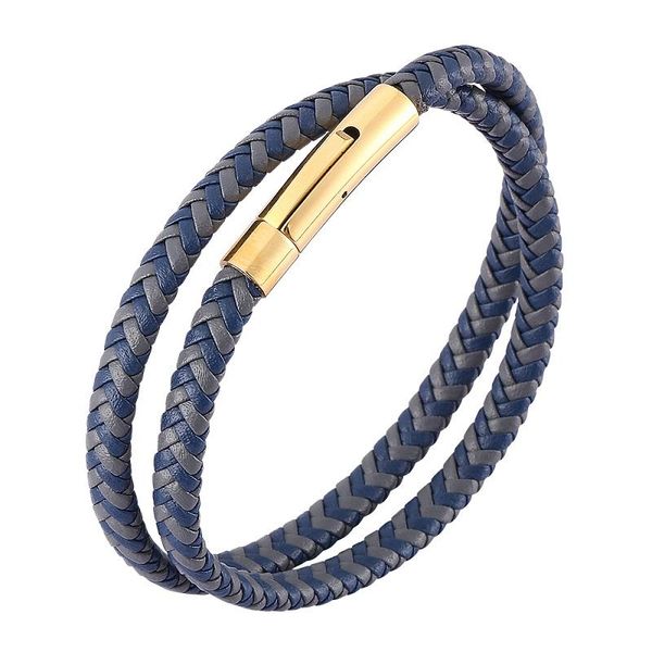 

charm bracelets mix blue gray leather braided double layer men women bracelet 3 colors stainless steel snaps jewelry accessories gift, Golden;silver