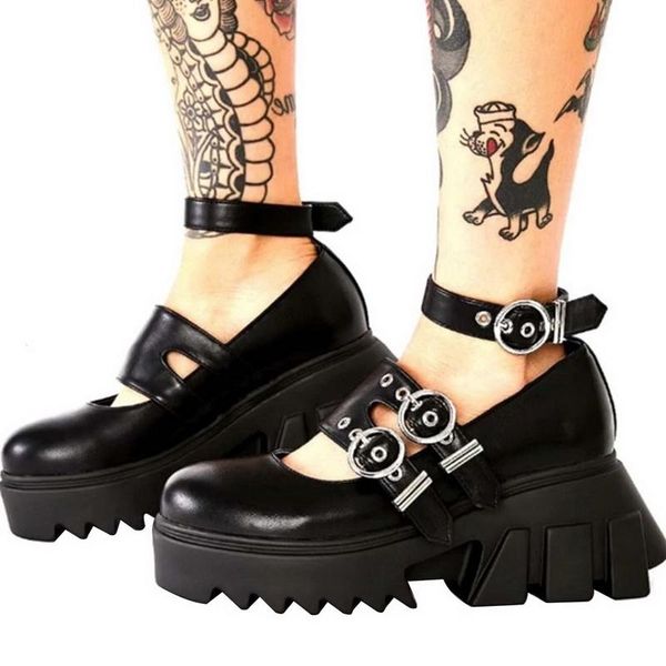 

buckle straps platform round toe women pumps punk shoes plus size 43 leather trendy gothic style cool dress, Black