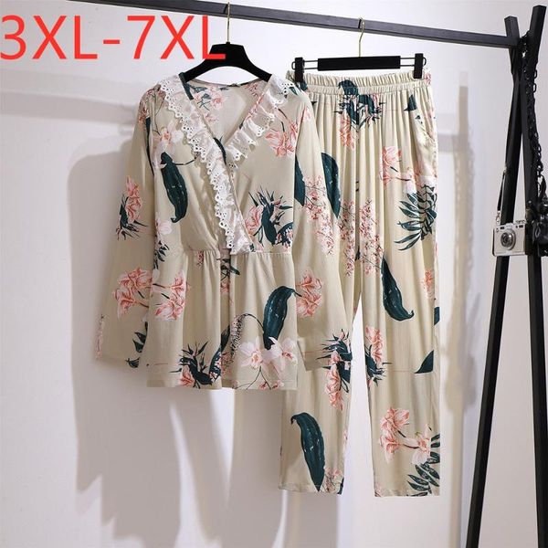 

women's tracksuits spring autumn plus size pajamas sets for women large loose floral print cotton long sleeve home wear suits 4xl 5xl 6, Gray