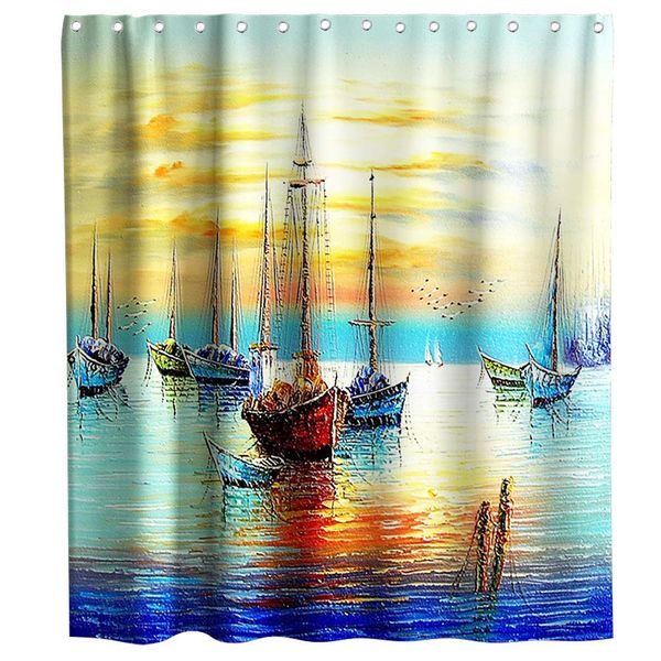

sunset ocean shower curtains nautical ship nature scenery kids theme cloth fabric bathroom decor sets with hooks waterproof
