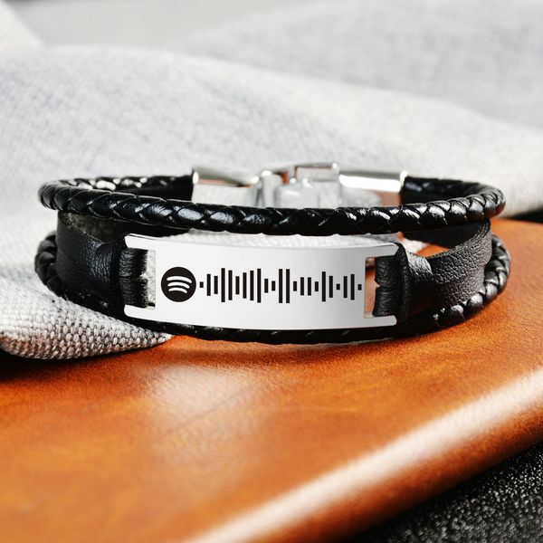 

personalized music code bracelet for women men leather rope custom laser engraving song jewelry, Golden;silver