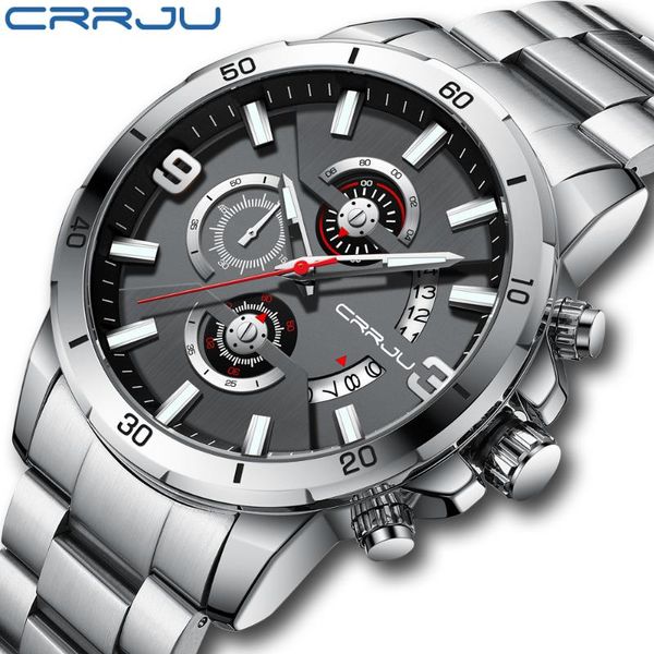 

wristwatches crrju sports quartz watch for men stainless steel wristwatch chronograph waterproof male clock relogio, Slivery;brown